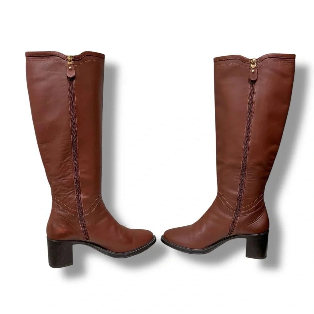 Salvatore Ferragamo Fersea Cognac Brown Leather Gold Logo Riding Boots Size 8 - Picture 2 of 13